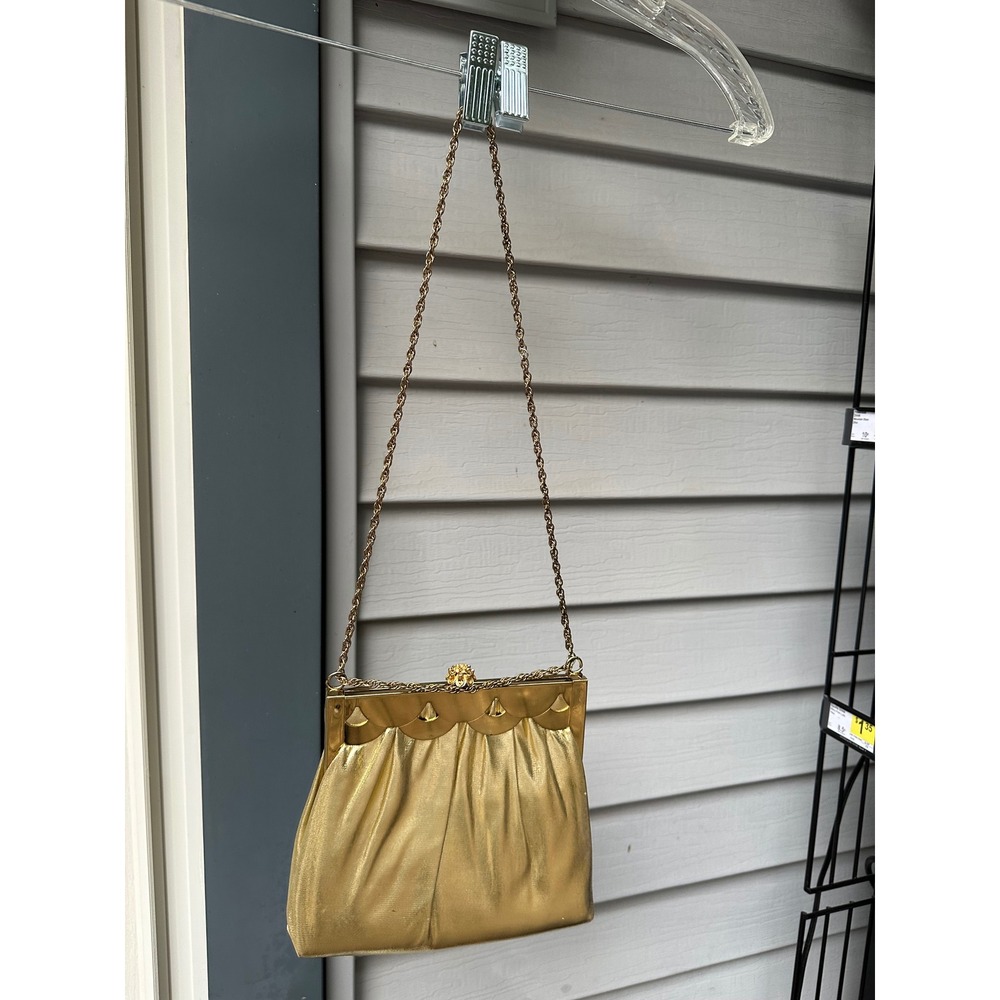 Vintage HL USA Gold Metallic Scalloped Evening Bag Rhinestone Clasp Coin Purse